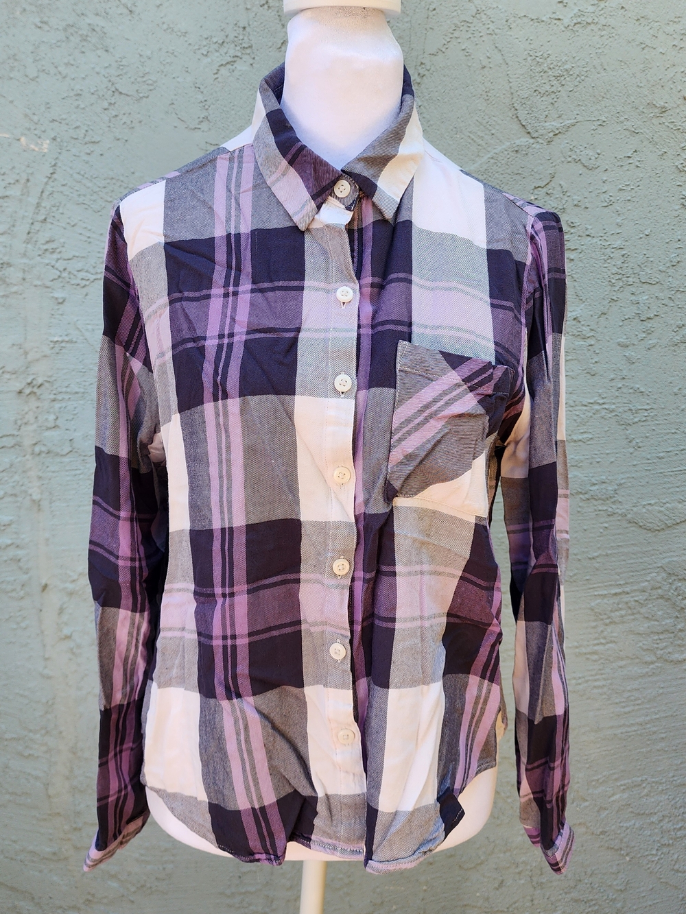 Purple Plaid Flannel Button Down Shirt Long Sleeve Blouse Pocket S/CH